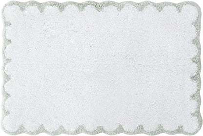 Peri Home Scalloped Bath Rug - Soft & Absorbent 100% Cotton Tufted Bath Mat, 20" x 30", White with Sage Scallop | Soft & Absorbent, Cotton Tufted, Mat, Scallop