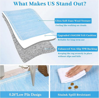 Garvee Scallop Area Rug 5x7 Washable Rugs Neutral Rug Light Blue | Rugs for Living Room, Non-Slip Soft Carpet for Bedroom, Scalloped Low-Pile Solid Accent Rug for Dining Room Home Office
