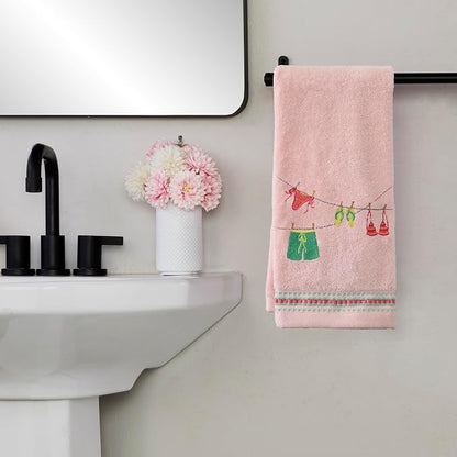SKL Home Summer Clothesline Hand Towel Set-2pc, 100% Cotton, Blush | Decorative, embroidered velour. For use in the bathroom, kitchen or bar & makes a fun gift.