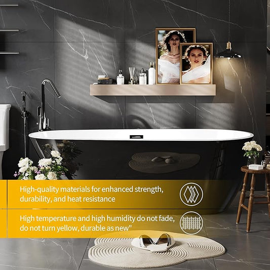 59 Inch Freestanding Bathtub, Acrylic Deep Soaking Tub, Chrome Overflow and Drain, Non-Slip Standalone Bath Tub for Bathroom, cUPC Certified, Ergonomic Modern Bath for Bathrooms