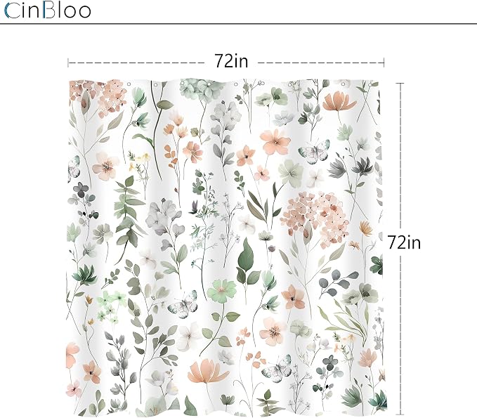 Sage Green Cute Floral Flower Wildflower Summer Bathroom Shower Curtain Set | 72Wx72H Spring Butterfly Plants, waterproof HD printed shower curtain, quick-dry fabric, free hooks for easy installation.