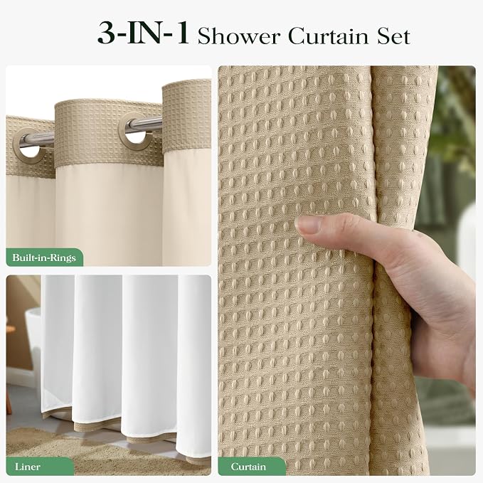 Beige Hook Free Waffle Shower Curtain & Snap-in Fabric Liner,60x75 | Less Time to install, 3 in 1 Fabric Shower Curtain and Liner Set with Magnets, Stall, Shower Curtains for Bathroom