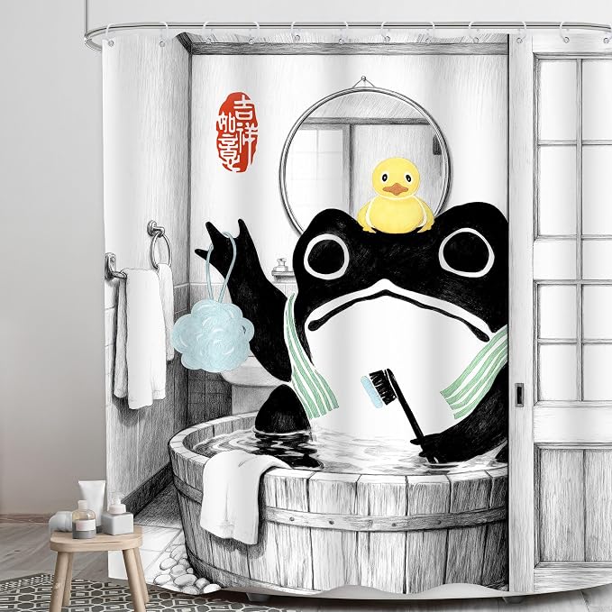 Funny Frog Traditional Asian Japanese Rubber Bathroom Shower Curtain Set | 71Wx71H Duck Wooden waterproof HD print, quick-dry fabric, and 12 hooks for easy setup