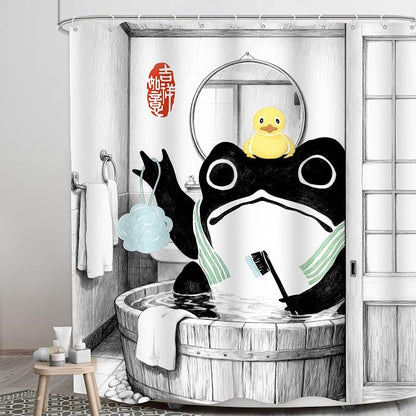Funny Frog Traditional Asian Japanese Rubber Bathroom Shower Curtain Set | 71Wx71H Duck Wooden waterproof HD print, quick-dry fabric, and 12 hooks for easy setup