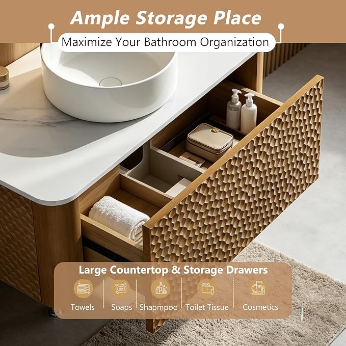 24 Inch Modern Bathroom Vanity with Ceramic Sink, Floating Bathroom Vanity Cabinet with Sintered Stone Top&Solid Wood Hammered Frame, Single Sink Bathroom Vanities w/Soft-Close Drawers,Natural