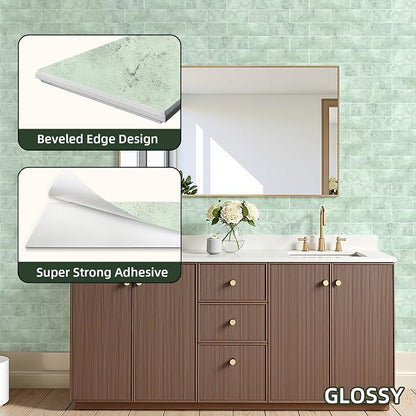 Tilingview 30 PCS Peel and Stick Backsplash Tile for Kitchen/Bathroom/Living Room, 3"x 9" Self-Adhesive Glossy Subway Tile for Backsplash, Matte Textures Tiles/Handmade Tiles (Light Green)