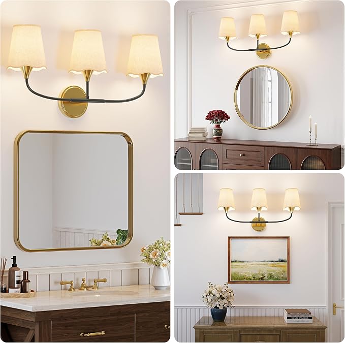 Morauroral Bathroom Light Fixtures Over Mirror, 3 Light Vanity Light for Bathroom, Black Gold Vanity Light Fixtures with Fabric Linen Shade, E26 Socket Sconce Wall Decor(ETL Listed)