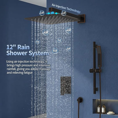 SR SUN RISE 12 Inch Oil Rubbed Bronze Shower Faucet Set, Wall-Mount Adjustable 16-Inch Slide Bar with Square Hand Shower System Included Valve and Trim Kit