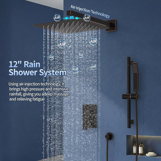 SR SUN RISE 12 Inch Oil Rubbed Bronze Shower Faucet Set, Wall-Mount Adjustable 16-Inch Slide Bar with Square Hand Shower System Included Valve and Trim Kit