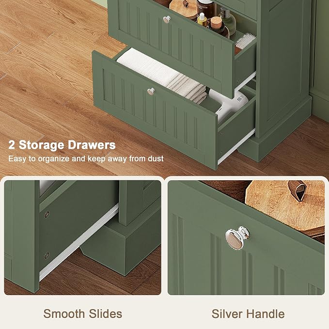 Treocho Bathroom Floor Cabinet with 2 Drawers and Adjustable Shelf | Bathroom Storage Cabinet, Freestanding Cupboard Pantry for Kitchen, Living Room, Dining Room, Green