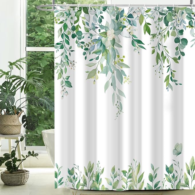 Light Green Floral Eucalyptus Shower Curtain with Hooks, 72x84 Inch | Waterproof Fabric, Watercolor Leaves and Floral, Botanical Style, Machine Washable, Quick-Drying, for Hotel Bathroom