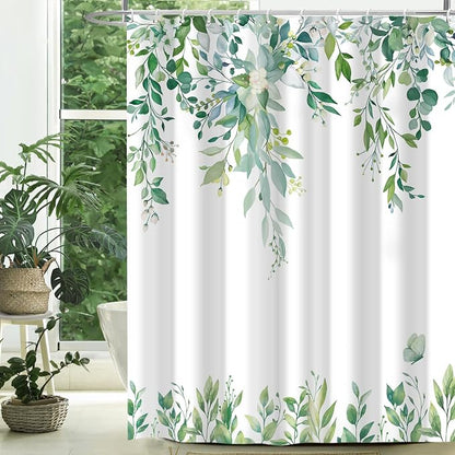 Light Green Floral Eucalyptus Shower Curtain with Hooks, 72x84 Inch | Waterproof Fabric, Watercolor Leaves and Floral, Botanical Style, Machine Washable, Quick-Drying, for Hotel Bathroom