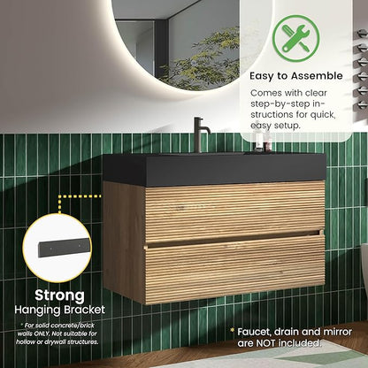 36 Inch Floating Bathroom Vanity with Black Sink, Modern Wall Mounted Floating Vanity with 2 Soft-Closing Drawers, Large Storage for Apartment, Hotel, Rough Oak