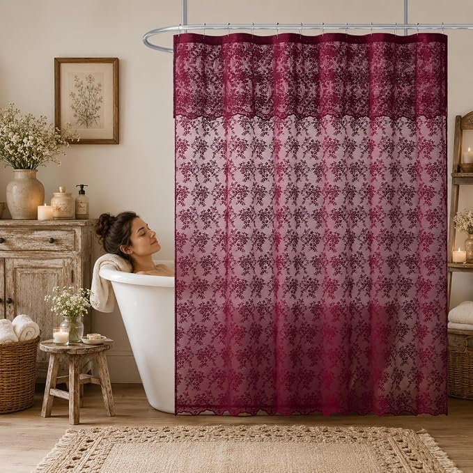 TUDECO Dark Red Lace Shower Curtain with Attached Valance, 72W x 84L Inch | Burgundy Bathroom Curtain, Maroon Floral, Semi-Sheer, Scalloped Edges, Gentle Privacy, Reinforced Holes, Machine Washable