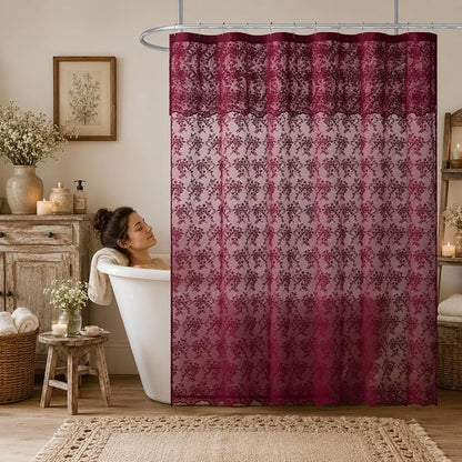 TUDECO Dark Red Lace Shower Curtain with Attached Valance, 72W x 84L Inch | Burgundy Bathroom Curtain, Maroon Floral, Semi-Sheer, Scalloped Edges, Gentle Privacy, Reinforced Holes, Machine Washable