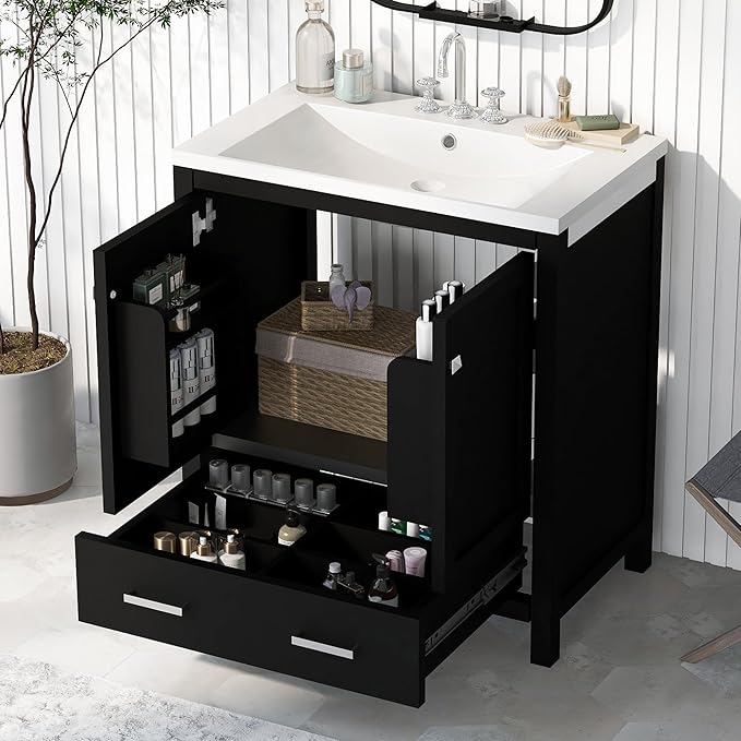 LUMISOL 30" Bathroom Vanity with Sink Top, Single Bathroom Sink Cabinet with a Drawer and 2 Doors, Freestanding Storage Vanity with Undermount Ceramic Basin, Black