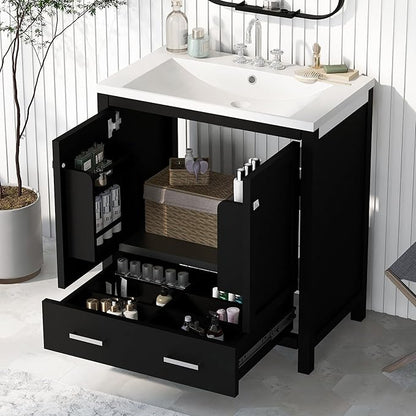 LUMISOL 30" Bathroom Vanity with Sink Top, Single Bathroom Sink Cabinet with a Drawer and 2 Doors, Freestanding Storage Vanity with Undermount Ceramic Basin, Black