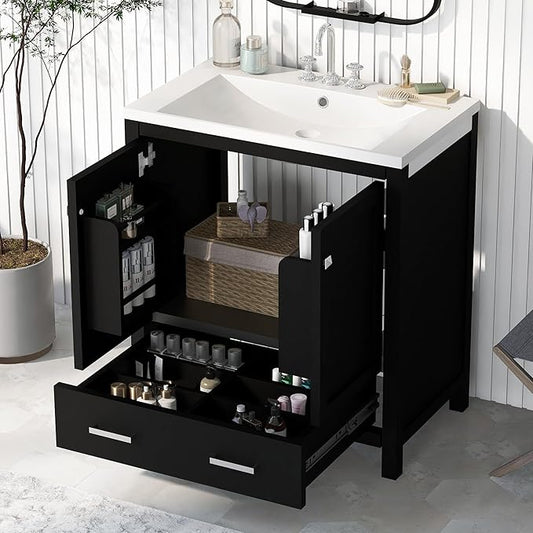 LUMISOL 30" Bathroom Vanity with Sink Top, Single Bathroom Sink Cabinet with a Drawer and 2 Doors, Freestanding Storage Vanity with Undermount Ceramic Basin, Black