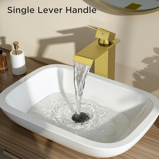 Forious Vessel Bathroom Sink Faucets 1 Hole Brushed Gold, Tall Waterfall Bathroom Faucet Single Handle with Pop Up Drain and Supply Lines for Bowel Sink, Deck Mount