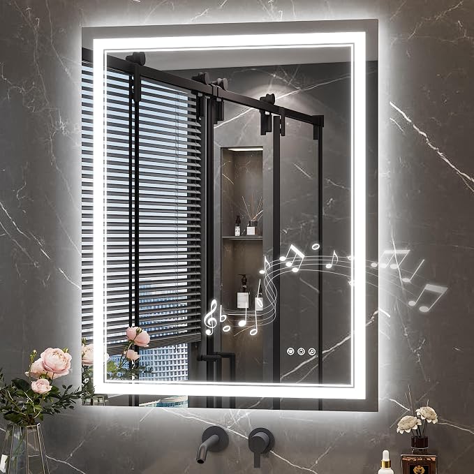 Keonjinn 28" x 36" LED Bathroom Mirror with Lights, Frontlit & Backlit | Bluetooth Speaker, Bluetooth Mirror Bathroom, Stepless Dimmable 3-Color Lights, Tempered Glass, Fast & Safe Defogging, CRI90+