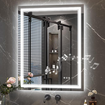 Keonjinn 28" x 36" LED Bathroom Mirror with Lights, Frontlit & Backlit | Bluetooth Speaker, Bluetooth Mirror Bathroom, Stepless Dimmable 3-Color Lights, Tempered Glass, Fast & Safe Defogging, CRI90+