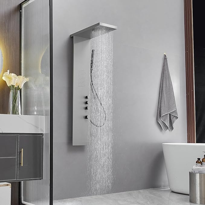BWE Stainless Steel Shower Panel Tower System - 3 IN 1 Brushed Nickel Shower Panel - Rainfall Shower Head and Handheld with Massage Body Jets - Wall Mount