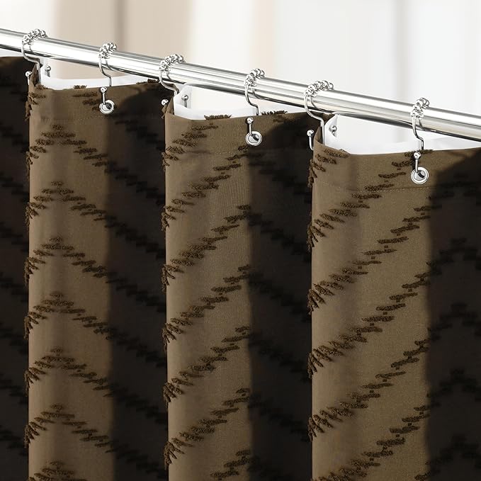 Dynamene Brown Boho Shower Curtain and Liner Set, Farmhouse Fabric Shower Curtain and Waterproof Clear Liner, Tufted Chevron Striped Textured Tassel Shower Curtains for Bathroom with 12 Hooks, 72x72
