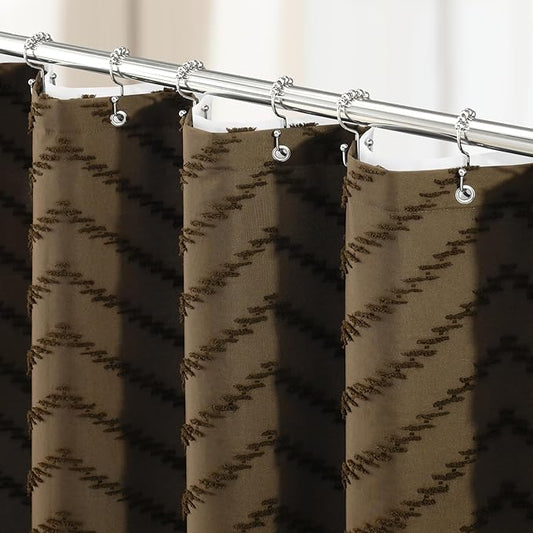 Dynamene Extra Long Shower Curtain and Liner Set - 96 inch Tall Boho Shower Curtain and Waterproof Clear Liner, Tufted Chevron Striped Tassel Shower Curtains for Bathroom, 12 Hooks, 72x96, Brown