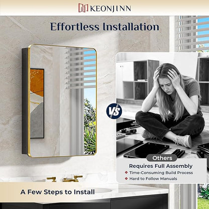 Keonjinn 24 x 32 Inch Gold Recessed Medicine Cabinets, Bathroom Mirrored Medicine Cabinet, Dim Brushed Brass Stainless Steel Framed, DTC Hinges, Stepless Adjustable Shelves, in Wall or Surface Mount
