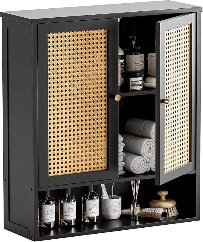 HITNET Wall Mounted Bathroom Cabinet, Rattan Hanging Cabinet, Space-Saving Bathroom Wall Cabinet with 2 Doors and Adjustable Shelves, Black