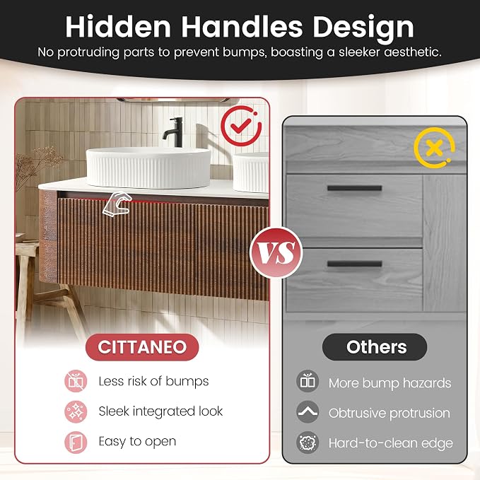 60" Floating Bathroom Vanity with Double White Sink, Walnut | Pre-Assembled Fluted Wall Mounted Vanity with Sintered Stone Countertop, Rounded Edges, Soft-Close Drawers & Towel Rack