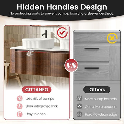 60" Floating Bathroom Vanity with Double White Sink, Walnut | Pre-Assembled Fluted Wall Mounted Vanity with Sintered Stone Countertop, Rounded Edges, Soft-Close Drawers & Towel Rack
