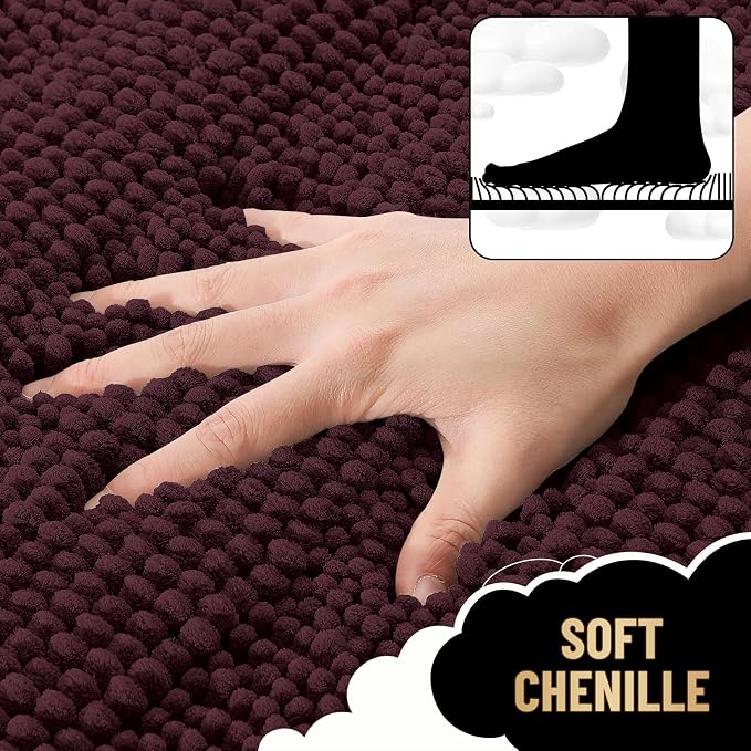 OLANLY Thick Bathroom Rugs 30x20, Chenille Striped Bath Rugs, Black Cherry | Rubber Backing, Machine Wash, Extra Soft Absorbent Bath Mats for Bathroom Floor, Tub and Shower, Home Decor Accessories