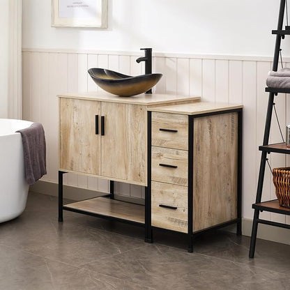 UEV 42" Rustic Oak Bathroom Vanity with Sink Combo,Industrial Iron Frame Bathroom Cabinet Sets with 3 Drawers Side Cabinet,Modern Champagne Boat Tempered Glass Vessel Sink(029CH)