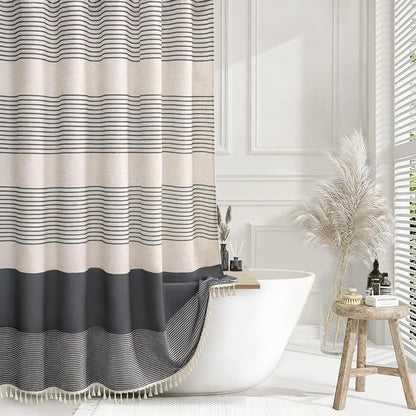 Dark Grey Boho Linen Striped Shower Curtain with Tassel 72"W X 72"L | Boho Farmhouse Shower Curtains with Linen Texture for Bathroom Decor