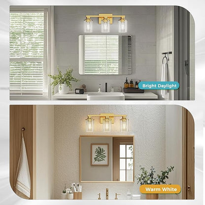 DORESshop 20 Inch Bathroom Light Fixtures, 3-Light Gold Bathroom Lighting Fixtures Over Mirror with Clear Glass Shade, Vanity Lights for Living Room Bedroom, ETL Listed
