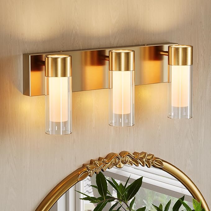 Tribesigns LED Bathroom Light Fixtures, 3-Light Vanity Lights Over Mirror, Wall Lights with 3 Color Modes & Gold Finish, Wall Sconces with Clear Glass Shades for Bathroom Hallway Bedroom
