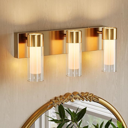 Tribesigns LED Bathroom Light Fixtures, 3-Light Vanity Lights Over Mirror, Wall Lights with 3 Color Modes & Gold Finish, Wall Sconces with Clear Glass Shades for Bathroom Hallway Bedroom