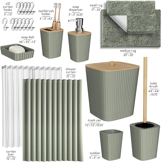 Clara Clark Bathroom Accessories Set - Bathroom Set, Bathroom Sets with Shower Curtain and Rugs, Shower Curtain Set with Trash Can - Sage Green - 22PC | 22 Piece Sage Green Bathroom Accessories Set with Toothbrush Holder, Soap Dispenser, Soap Dish, Toi...