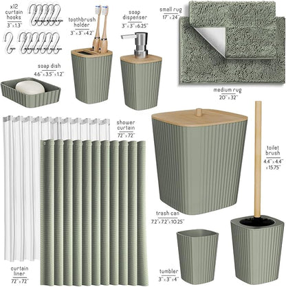 Clara Clark Bathroom Accessories Set - Bathroom Set, Bathroom Sets with Shower Curtain and Rugs, Shower Curtain Set with Trash Can - Sage Green - 22PC | 22 Piece Sage Green Bathroom Accessories Set with Toothbrush Holder, Soap Dispenser, Soap Dish, Toi...