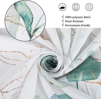 Eucalyptus Leaf Small Stall Shower Curtains(36''X72''), Weighted Bottom Sage Green Watercolor Botanical Plants with Gold Branches Spring Fabric Waterproof Hooks 72.00'' x 36.00'' (GCI-10429)