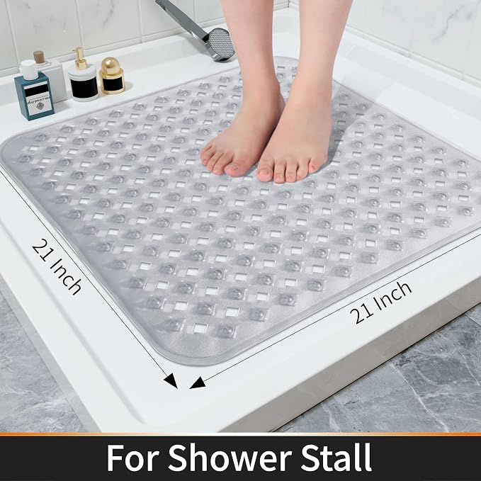 Yimobra Square Shower Mat Non Slip, Super Strong Suction Cups, 21"X21" Bath Tub Mat with Drain Holes, Machine Washable Fast Draining Bath Mats, Bathroom Essentials,Clear Gray