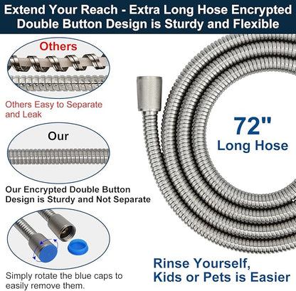 All Metal Shower Head with Handheld - 72" Long Hose, High Pressure Sprayer | Hand HeId Showerhead Spray, Solid Outdoor Showerheads and Brass Holder, Brushed Nickel