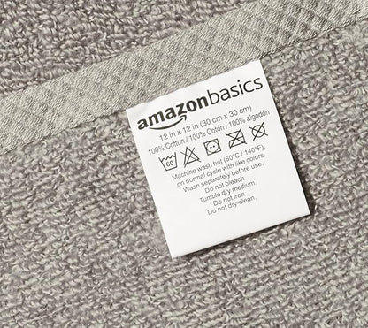 Amazon Basics 100% Cotton Washcloths, Quick-Dry, 12" x 12", Platinum, 12-Pack