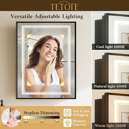 TETOTE Black Lighted Medicine Cabinet Mirror with Led Lights 30 x 26 Wall Mount or Recessed Bathroom Cabinet with Storage, 2 Door Tempered Glass Led Vanity Cabinet, 2 Outlets, 3-Color Dimming, Defog