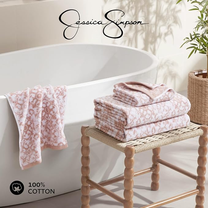 Jessica Simpson - Bath Towel 4 Piece Set, Aziza, Premium Bathroom Decor, Includes 2 Hand Towels and 2 Shower Towels, 100% Cotton & Machine Washable, Rose Smoke