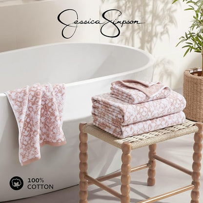 Jessica Simpson - Bath Towel 4 Piece Set, Aziza, Premium Bathroom Decor, Includes 2 Hand Towels and 2 Shower Towels, 100% Cotton & Machine Washable, Rose Smoke