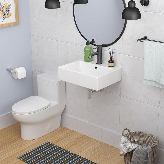 Rectangle Wall Mounted Bathroom Sink 22"x18" | Porcelain Floating Bathroom Sink Wall Hung White Ceramic Vanity Sink for Restroom, Toilet, Lavatory Room