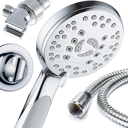 High Pressure 6-setting Luxury Handheld Shower Head – Extra Long 6 Foot Stainless Steel Hose – Anti Clog Jets – Anti Slip Grip – Top US Brand – Includes Extra Wall Bracket – Chrome Finish
