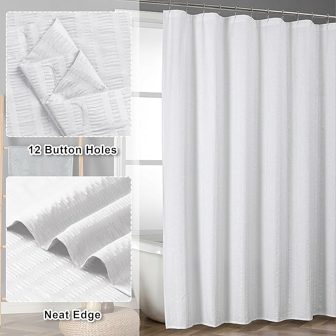 Aiyufeng Extra Long White Shower Curtain 96 Inch Long, Embossed Texture Fabric Bathroom Shower Curtain, Large Hotel Bath Curtain with 12 Holes, 72x96, White